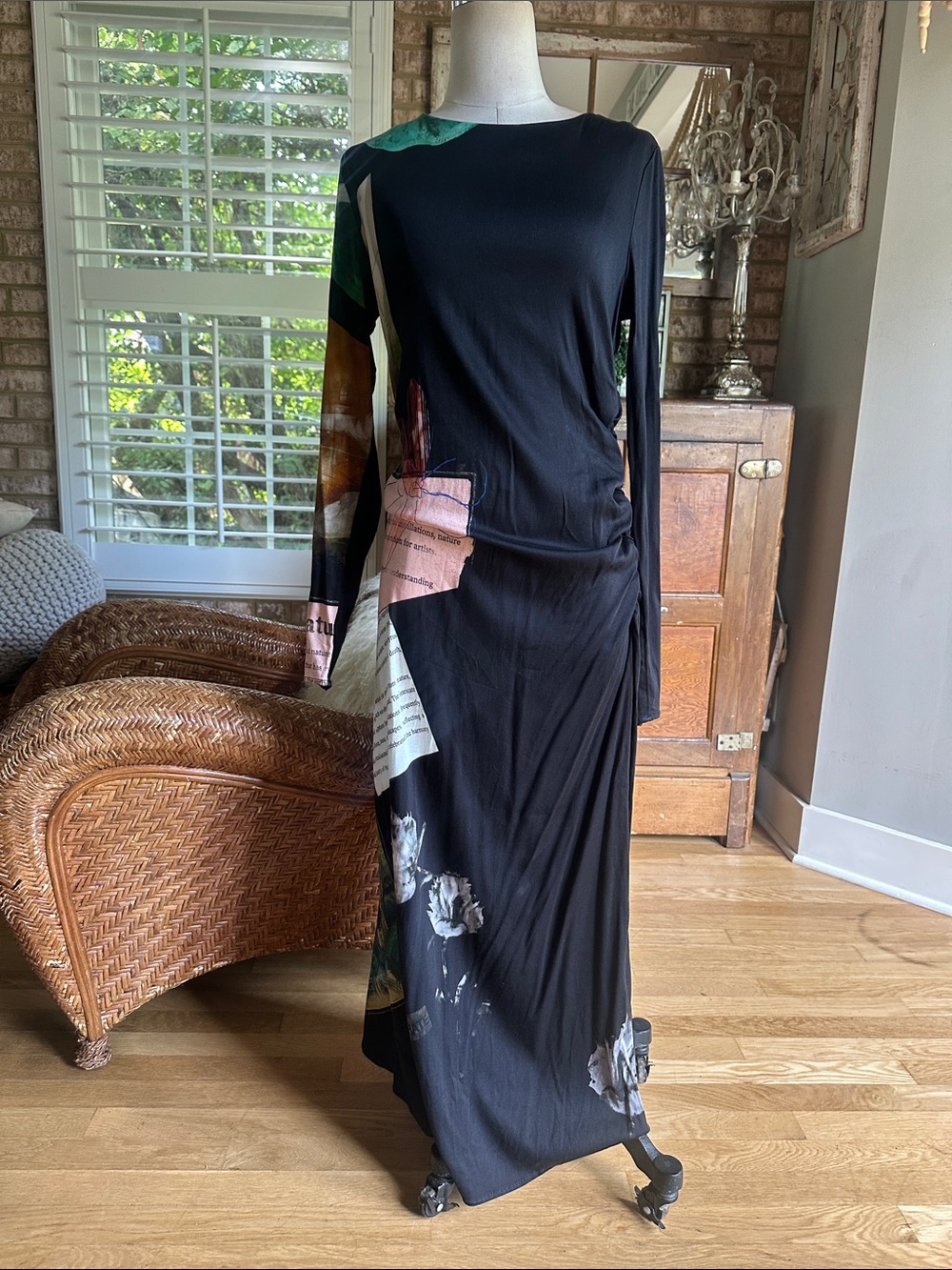 DESIGUAL BLACK PRINTED LONG  DRESS FITTED LARGE EXCELLENT STRETCH